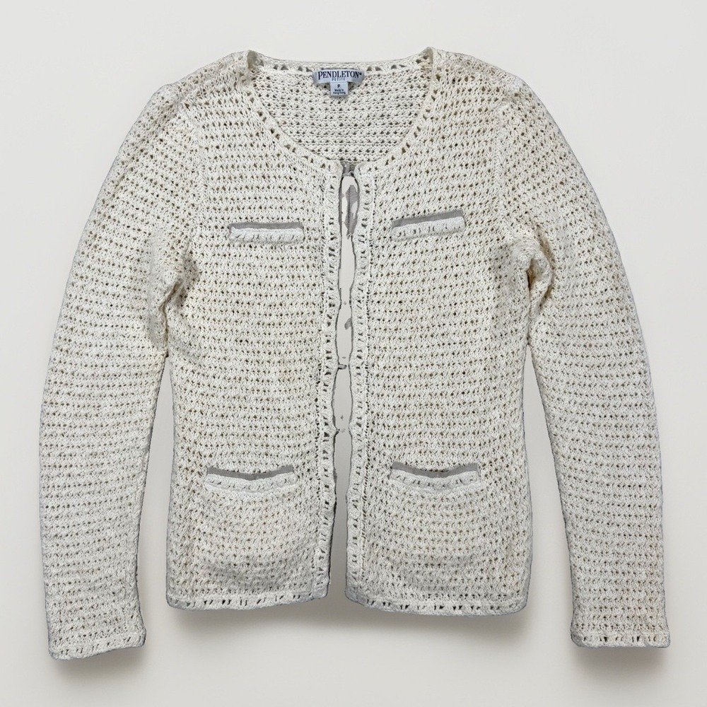 VTG‎ Pendleton Petite Cardigan Sweater Women's P Ivory Cotton Linen Boho Cottage